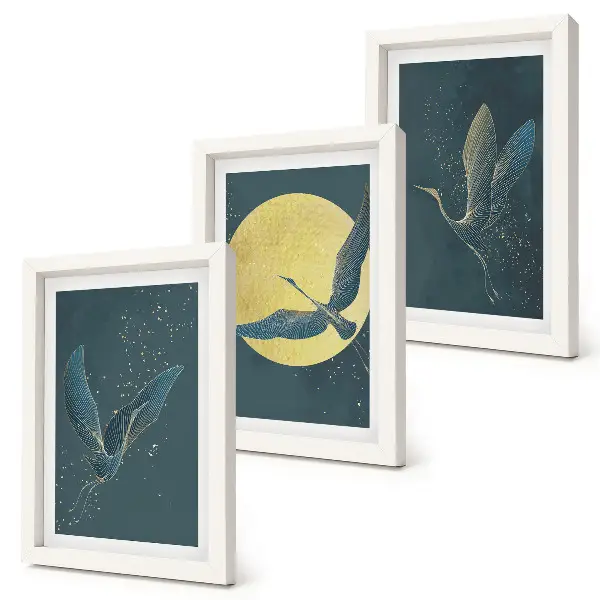 3-piece wall art set featuring crane birds in flight against the backdrop of the moon and stars