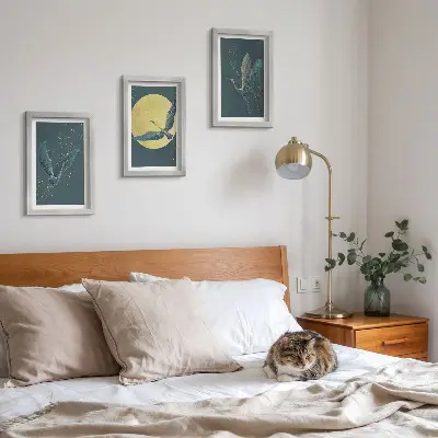 3-piece wall art set featuring crane birds in flight against the backdrop of the moon and stars