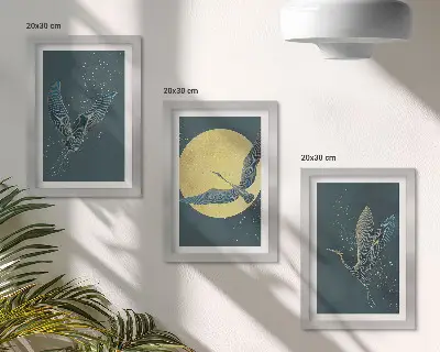 3-piece wall art set featuring crane birds in flight against the backdrop of the moon and stars