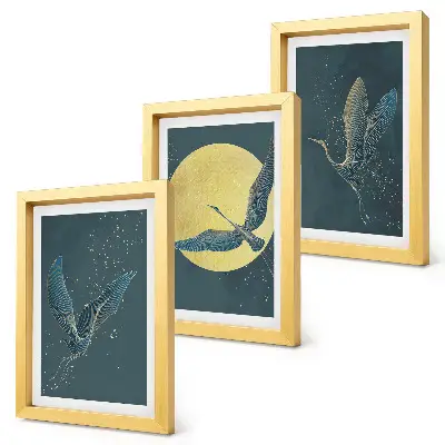 3-piece wall art set featuring crane birds in flight against the backdrop of the moon and stars
