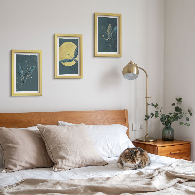 3-piece wall art set Crane birds in flight against the backdrop of the moon and stars