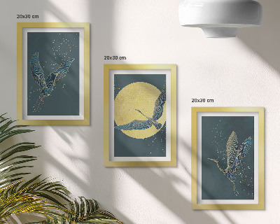 3-piece wall art set Crane birds in flight against the backdrop of the moon and stars