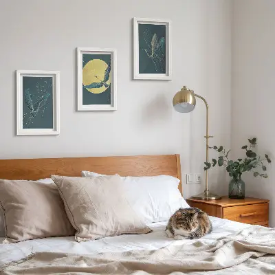 3-piece wall art set featuring crane birds in flight against the backdrop of the moon and stars