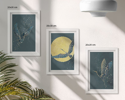 3-piece wall art set Crane birds in flight against the backdrop of the moon and stars