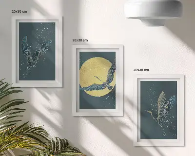 3-piece wall art set featuring crane birds in flight against the backdrop of the moon and stars