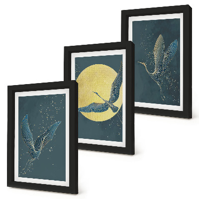 3-piece wall art set Crane birds in flight against the backdrop of the moon and stars