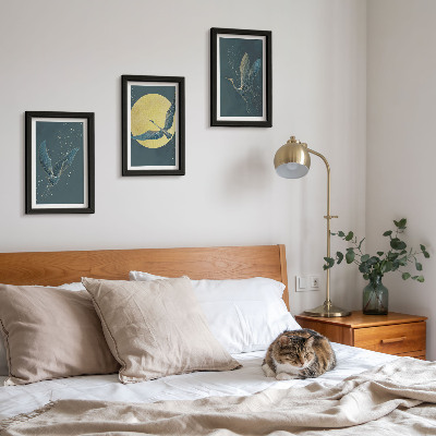 3-piece wall art set Crane birds in flight against the backdrop of the moon and stars