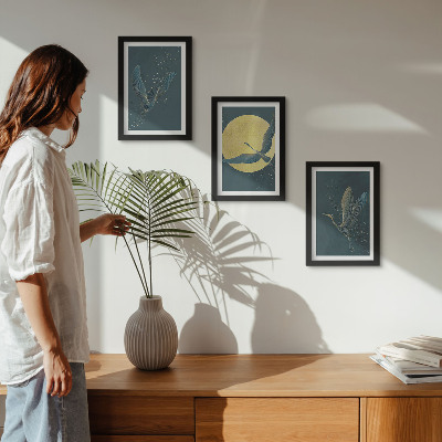 3-piece wall art set Crane birds in flight against the backdrop of the moon and stars