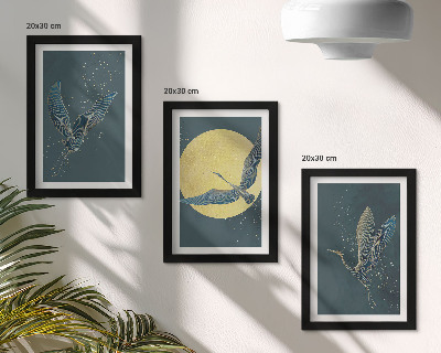 3-piece wall art set Crane birds in flight against the backdrop of the moon and stars