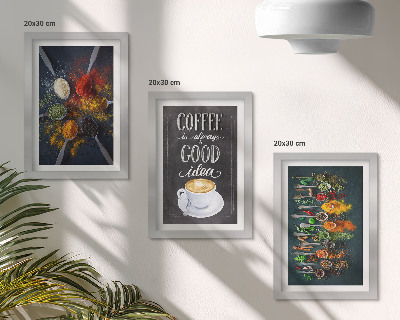 Framed triptych Spices coffee with a cup of kitchen herbs patterns