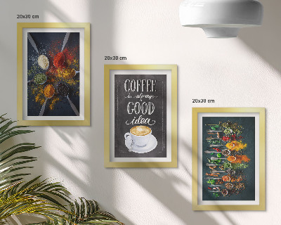Framed triptych Spices coffee with a cup of kitchen herbs patterns