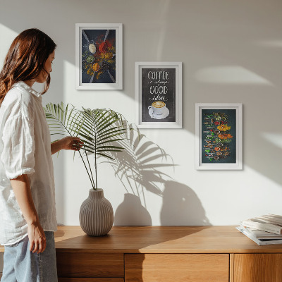 Framed triptych Spices coffee with a cup of kitchen herbs patterns