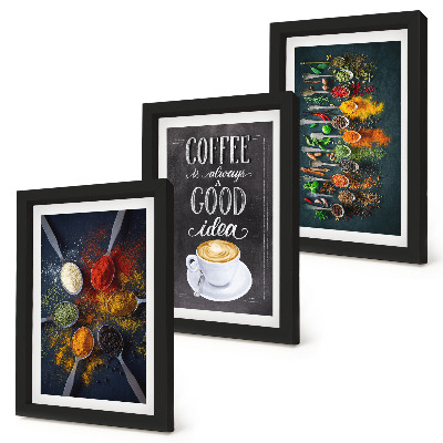 Framed triptych Spices coffee with a cup of kitchen herbs patterns