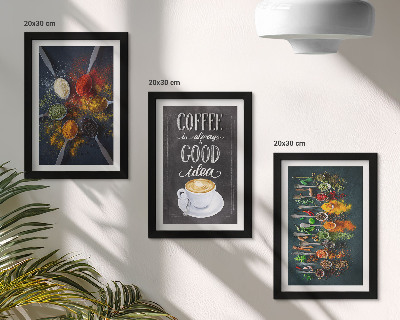Framed triptych Spices coffee with a cup of kitchen herbs patterns