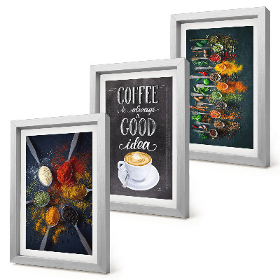 Framed triptych Spices coffee with a cup of kitchen herbs patterns