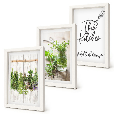 Framed triptych Kitchen motif with the inscription dried herbs