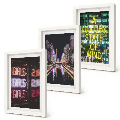 3-piece wall art set neon city skyline at night overlooking the river
