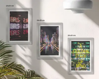 3-piece wall art set neon city skyline at night overlooking the river