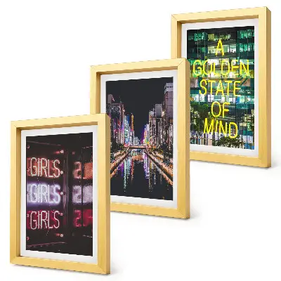 3-piece wall art set neon city skyline at night overlooking the river
