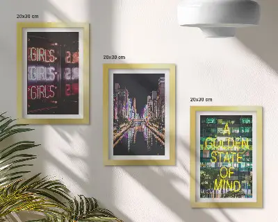 3-piece wall art set neon city skyline at night overlooking the river