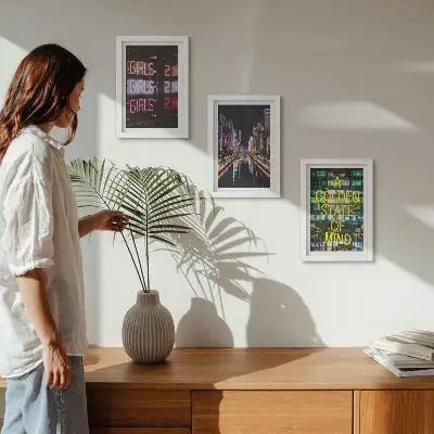 3-piece wall art set neon city skyline at night overlooking the river