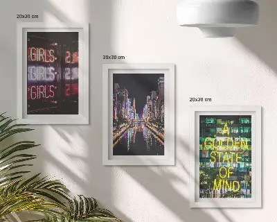 3-piece wall art set Neon signs of the city at night with a view of the river