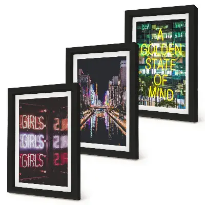 3-piece wall art set neon city skyline at night overlooking the river