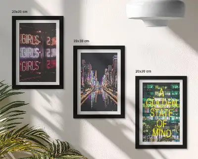 3-piece wall art set neon city skyline at night overlooking the river