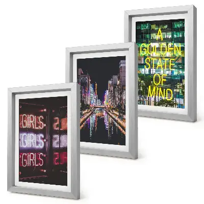 3-piece wall art set neon city skyline at night overlooking the river