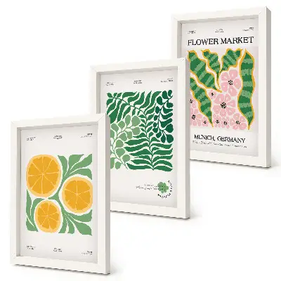 Photo frame wall gallery set with fruit and plant motifs in pastel colors