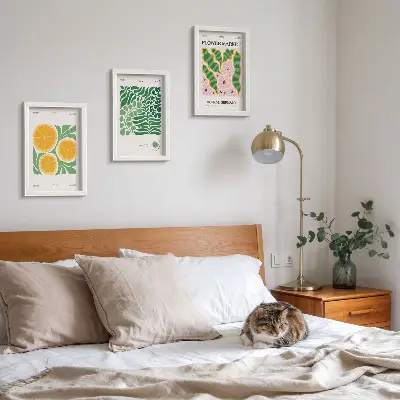 Photo frame wall gallery set with fruit and plant motifs in pastel colors