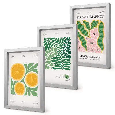 Photo frame wall gallery set with fruit and plant motifs in pastel colors