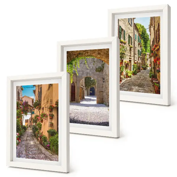 Italian streets with flowers and landscape architecture framed triptych