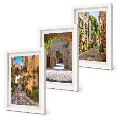 Framed triptych Italian streets with flowers and landscape architecture