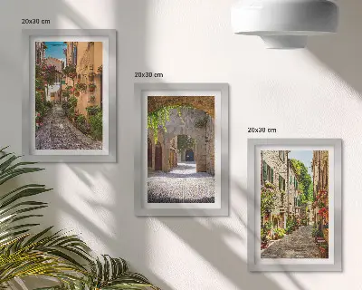 Italian streets with flowers and landscape architecture framed triptych