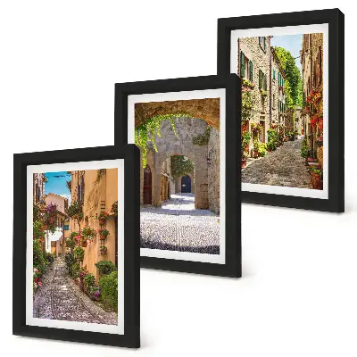 Italian streets with flowers and landscape architecture framed triptych