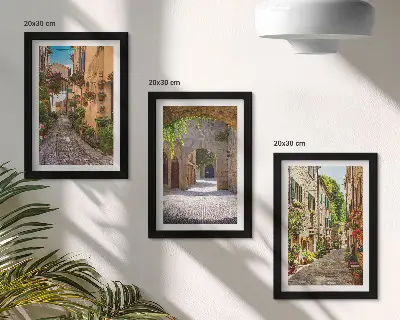 Framed triptych Italian streets with flowers and landscape architecture