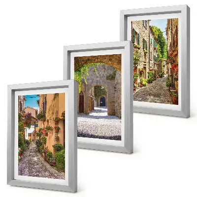 Italian streets with flowers and landscape architecture framed triptych