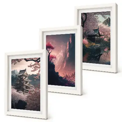 Photo frame wall set with fantasy Japanese mountain landscape prints