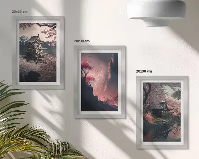 Photo frame wall set with fantasy Japanese mountain landscape prints