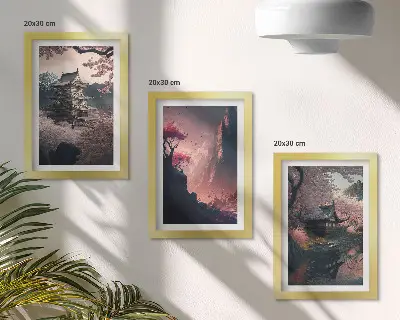 Photo frame wall set with fantasy Japanese mountain landscape prints