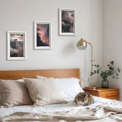 Photo frame wall set with fantasy Japanese mountain landscape prints