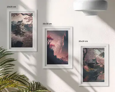 Photo frame wall set with fantasy Japanese mountain landscape prints