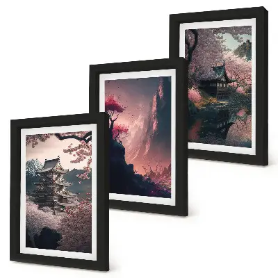 Photo frame wall set with fantasy Japanese mountain landscape prints