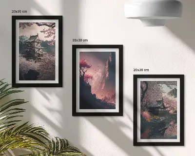 Photo frame wall set with fantasy Japanese mountain landscape prints