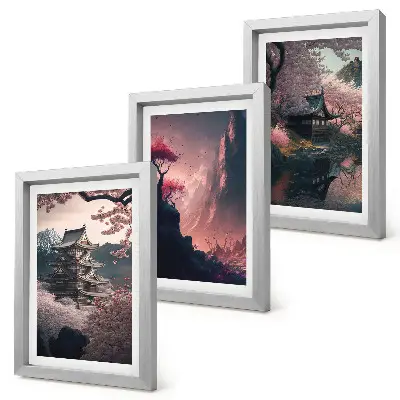 Photo frame wall set with fantasy Japanese mountain landscape prints