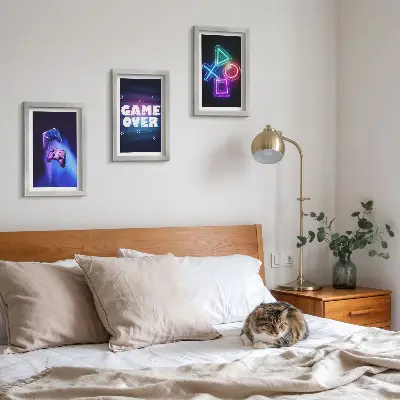 Game Over icon gamepad triptych framed wall art set