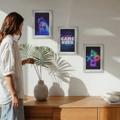 Game Over icon gamepad triptych framed wall art set