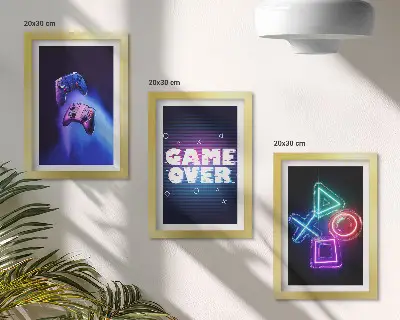 Game Over icon gamepad triptych framed wall art set