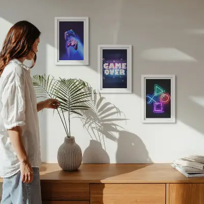 Game Over icon gamepad triptych framed wall art set